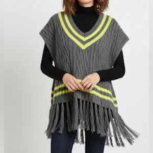 Steve Madden Womens Neon Stripe Fringe Knit Poncho Sweater OS Gray Fall Winter